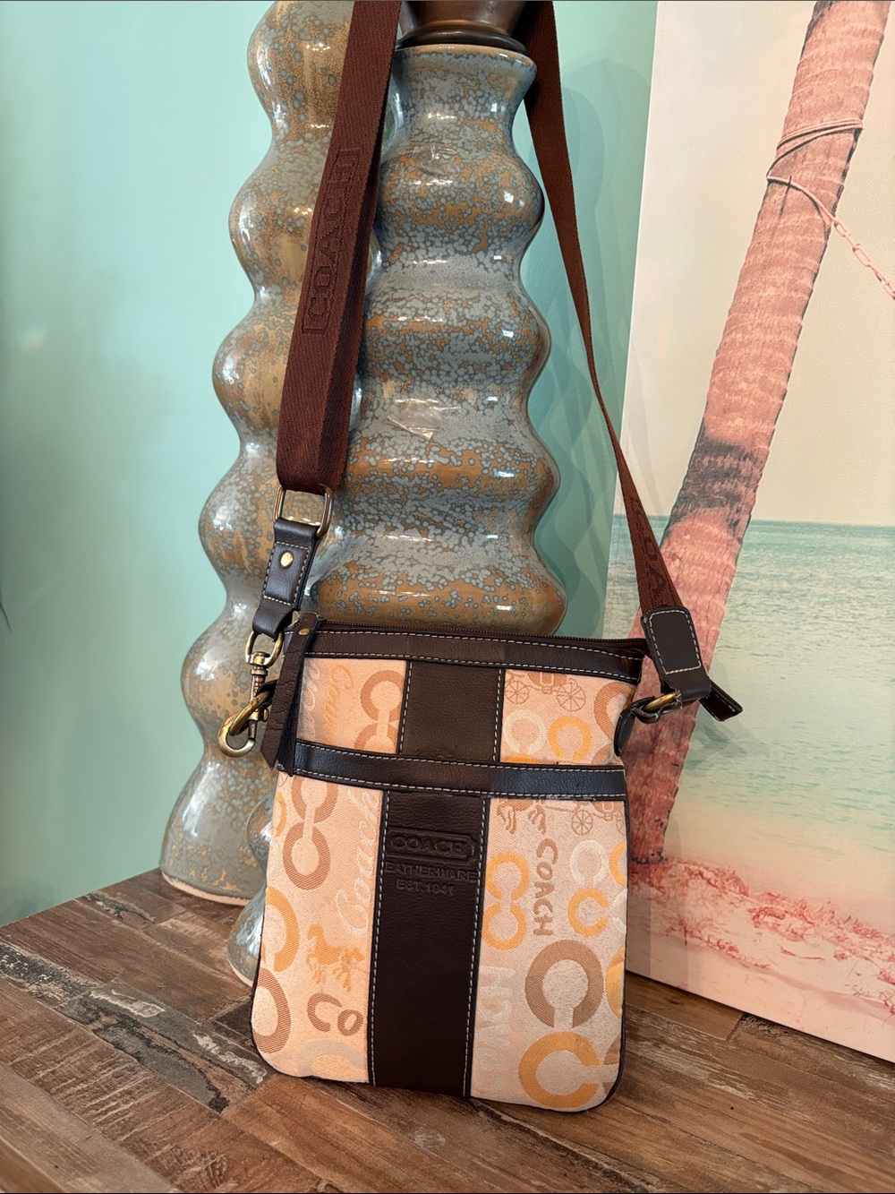 Coach Brown and Tan Signature Crossbody Messenger